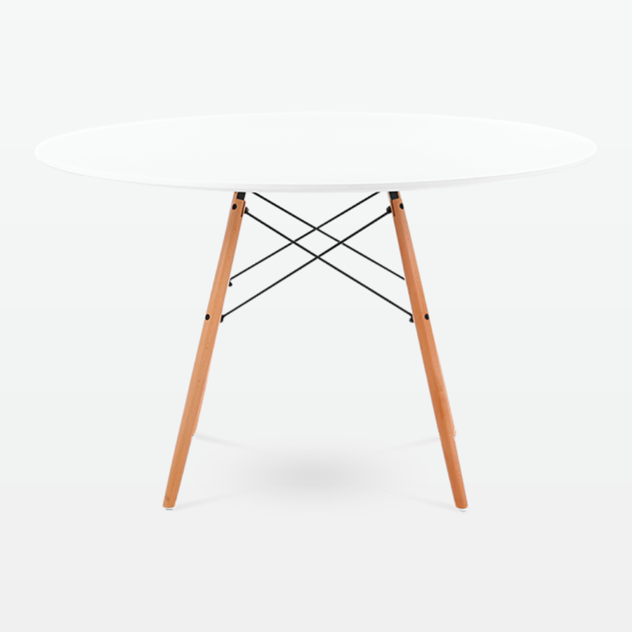 Mid-Century Designer 120cm Dining Table in White Plastic, Metal & Beech Wooden Legs - front