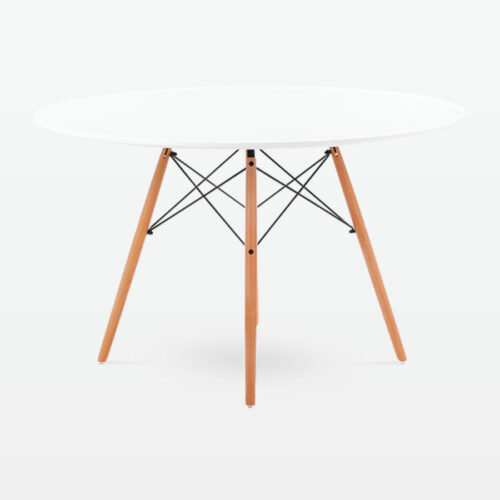 Mid-Century Designer 120cm Dining Table in White Plastic, Metal & Beech Wooden Legs - side