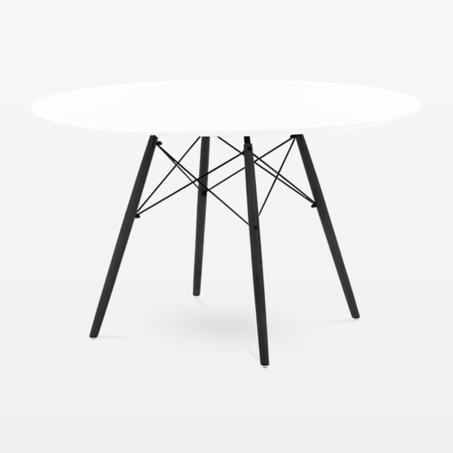 Mid-Century Designer 120cm Dining Table in White Plastic, Metal & Black Wooden Legs - front angle