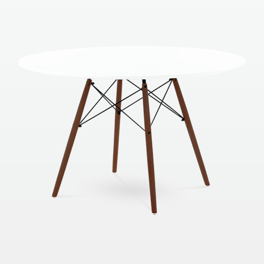 Mid-Century Designer 120cm Dining Table in White Plastic, Metal & Walnut Wooden Legs - front angle