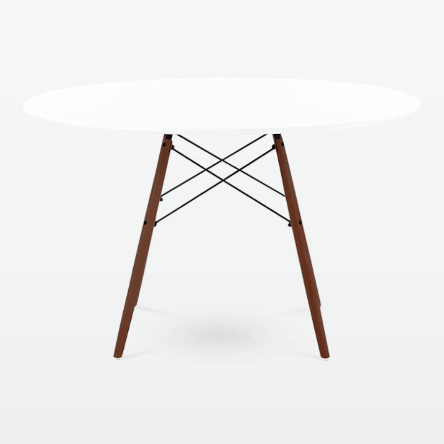 Mid-Century Designer 120cm Dining Table in White Plastic, Metal & Walnut Wooden Legs - front