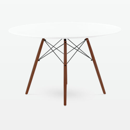 Mid-Century Designer 120cm Dining Table in White Plastic, Metal & Walnut Wooden Legs - side