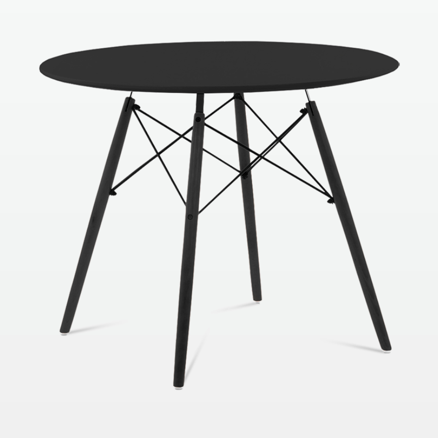 Mid-Century Designer 90cm Dining Table in Black Plastic, Metal & Black Wooden Legs - front angle