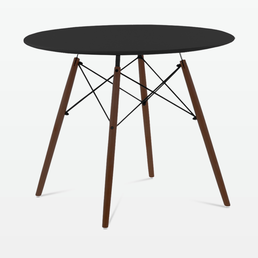 Mid-Century Designer 90cm Dining Table in Black Plastic, Metal & Walnut Wooden Legs - front angle