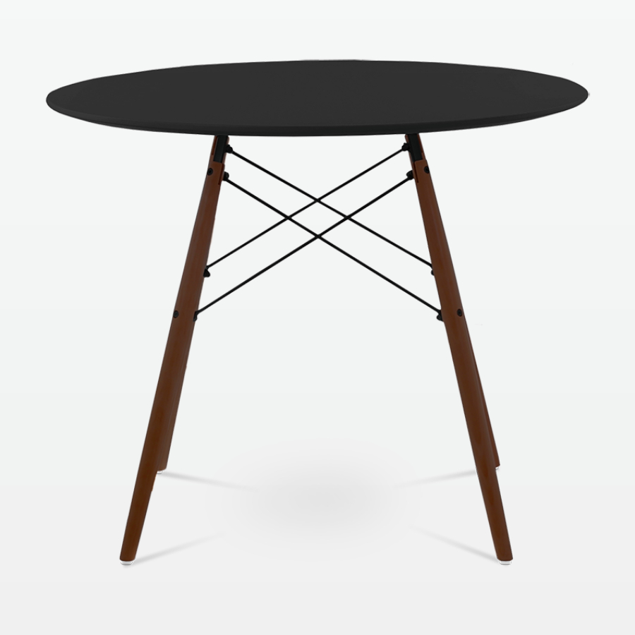 Mid-Century Designer 90cm Dining Table in Black Plastic, Metal & Walnut Wooden Legs - front