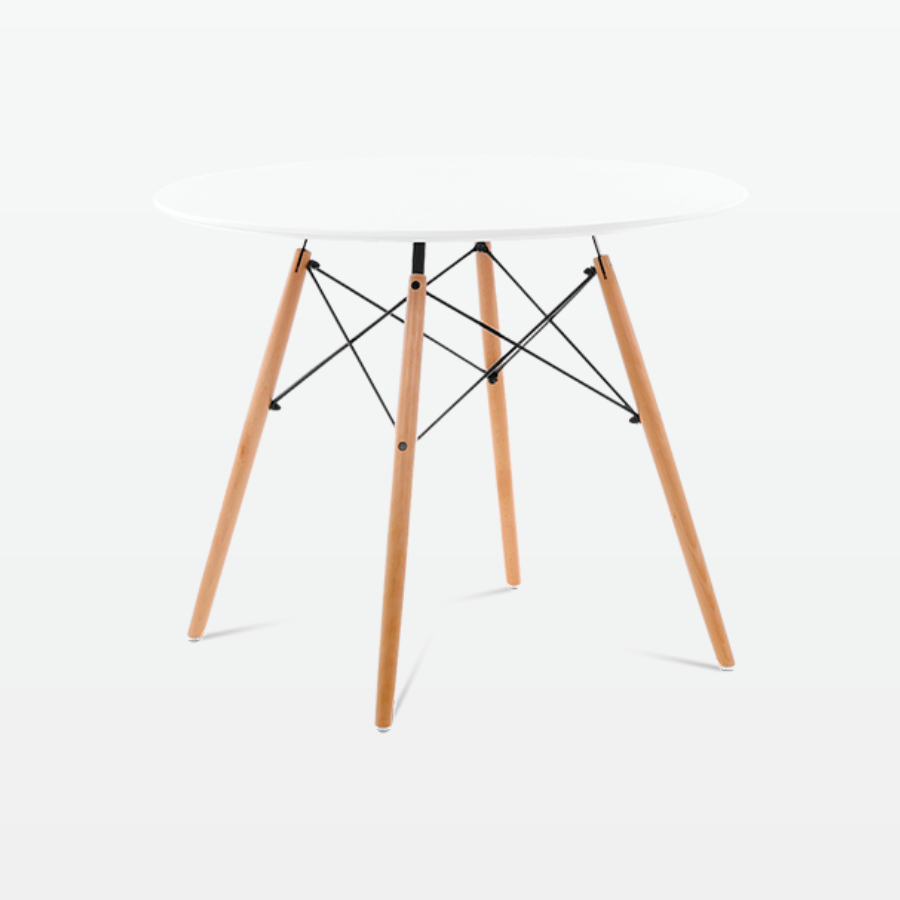 Mid-Century Designer 90cm Dining Table in White Plastic, Metal & Beech Wooden Legs - side