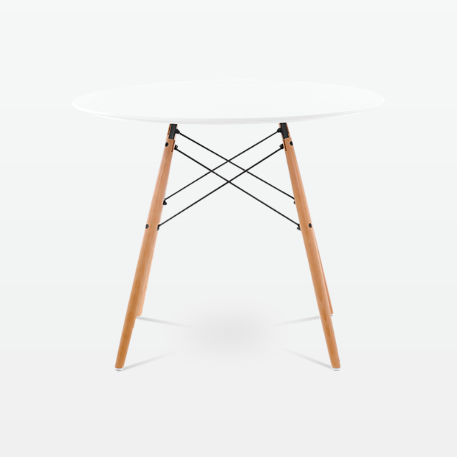 Mid-Century Designer 90cm Dining Table in White Plastic, Metal & Beech Wooden Legs - front