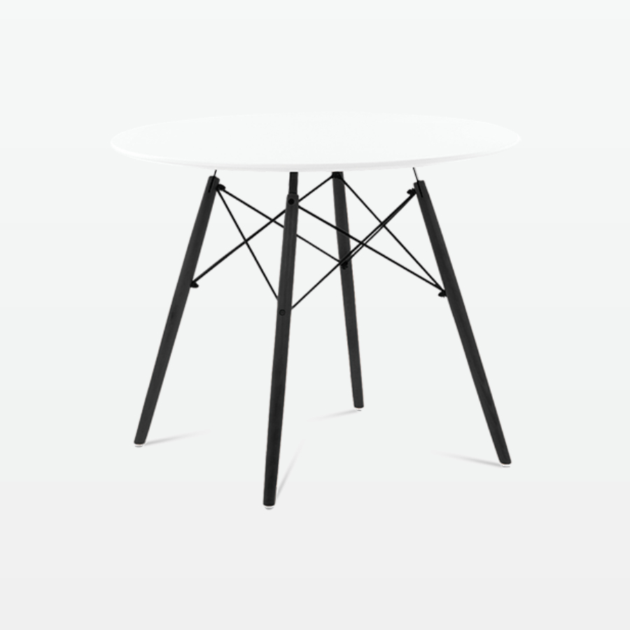 Mid-Century Designer 90cm Dining Table in White Plastic, Metal & Black Wooden Legs - front angle