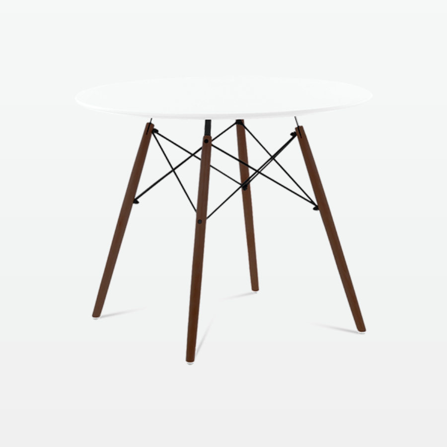 Mid-Century Designer 90cm Dining Table in White Plastic, Metal & Walnut Wooden Legs - front angle