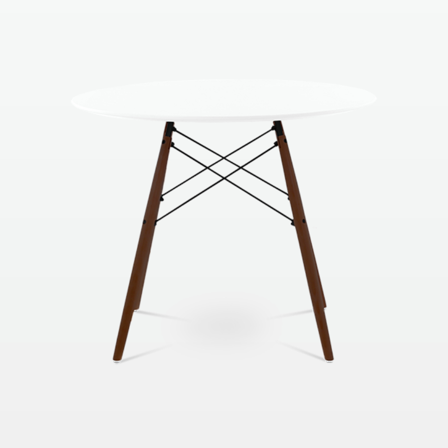 Mid-Century Designer 90cm Dining Table in White Plastic, Metal & Walnut Wooden Legs - front