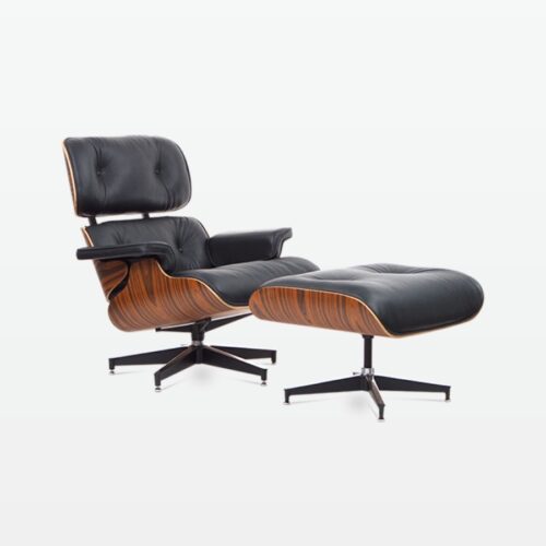 Designer Leather Armchair & Foot Stool in Black Leather & Rosewood Veneer - front angle