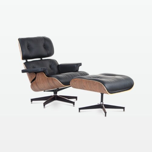 Designer Leather Armchair & Foot Stool in Black Leather & Walnut Veneer - front angle