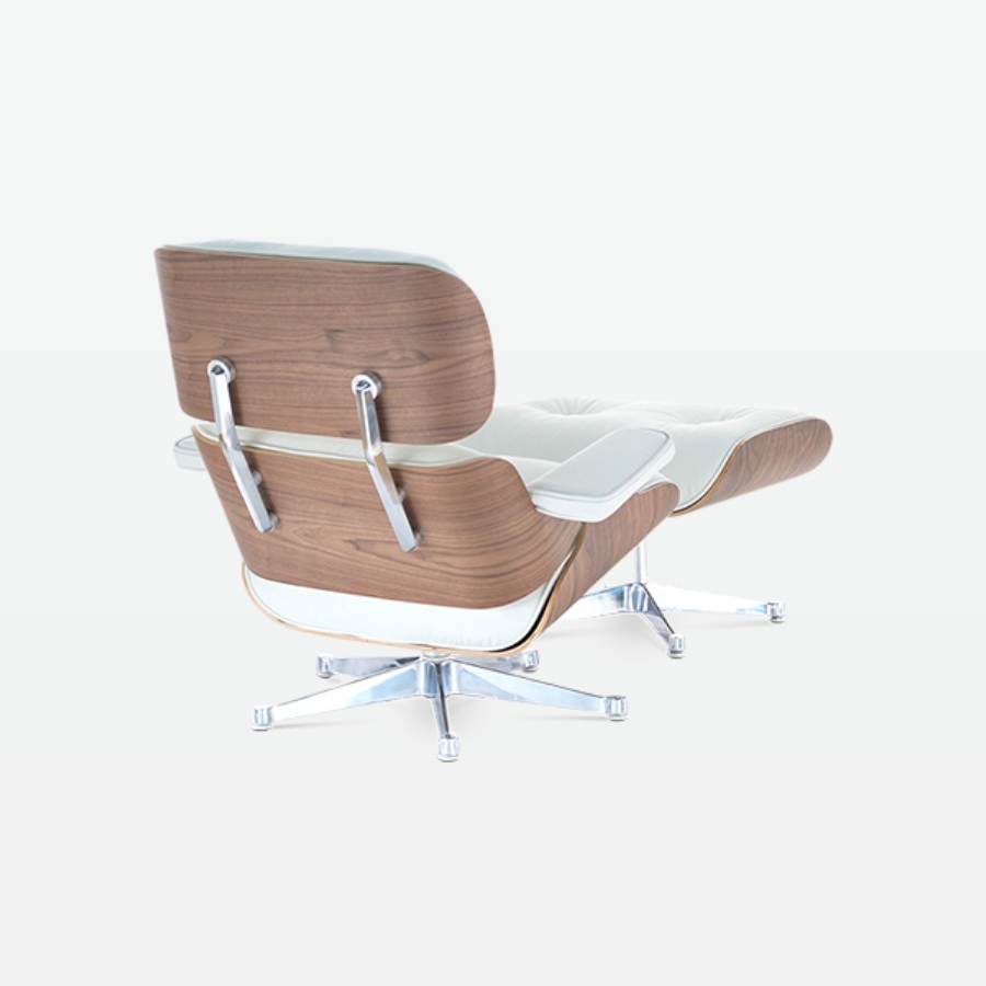 Designer Leather Armchair & Foot Stool in White Leather, Walnut Veneer & Chrome Base - back angle