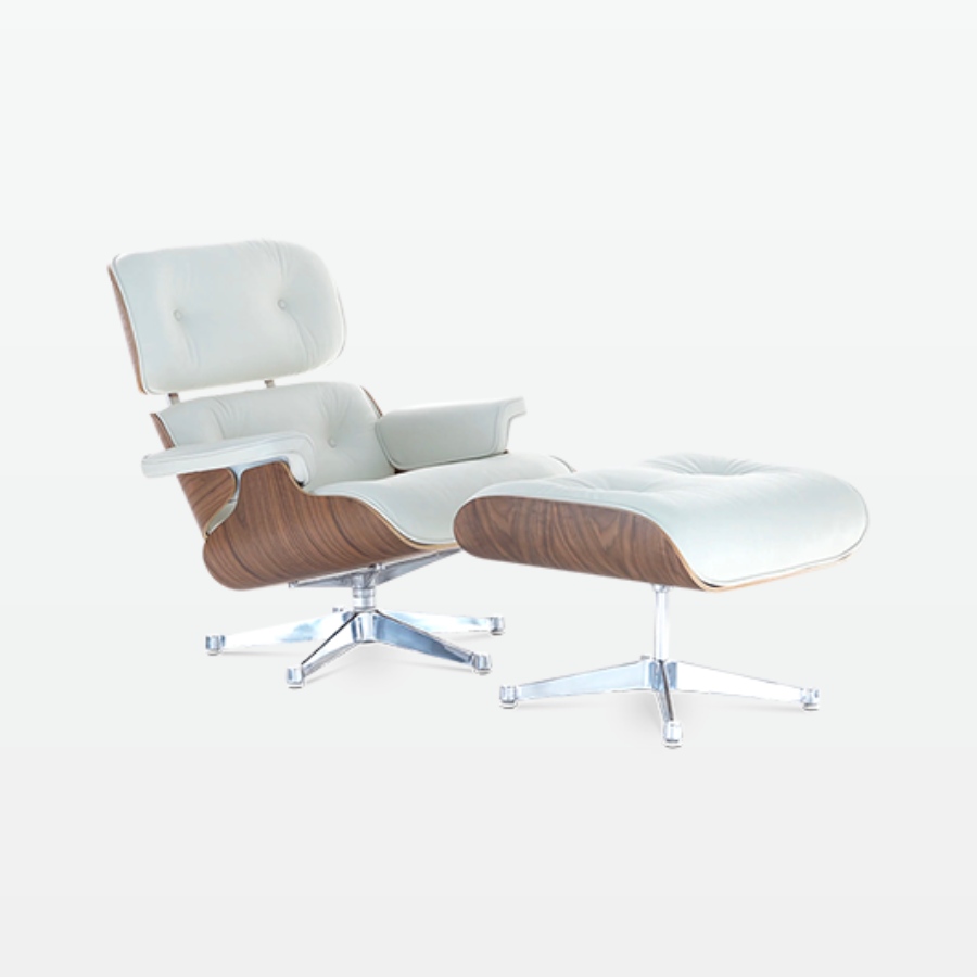 Designer Leather Armchair & Foot Stool in White Leather, Walnut Veneer & Chrome Base - front angle