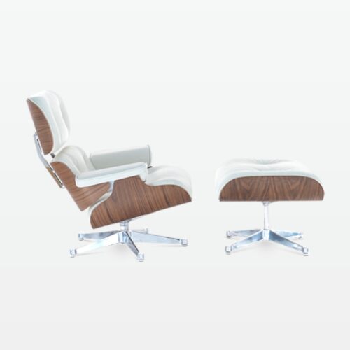 Designer Leather Armchair & Foot Stool in White Leather, Walnut Veneer & Chrome Base - side