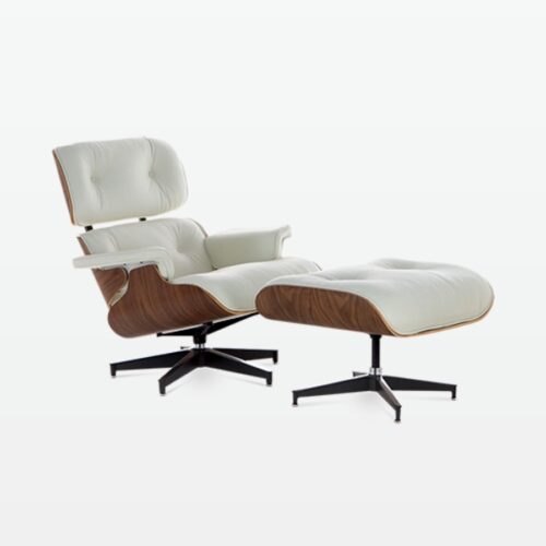 Designer Leather Armchair & Foot Stool in White Leather & Walnut Veneer - front angle