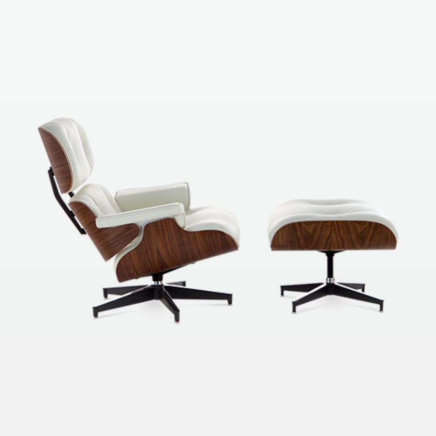Designer Leather Armchair & Foot Stool in White Leather & Walnut Veneer - side