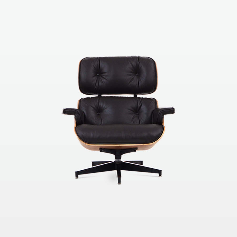 Designer Leather Armchair in Black Leather & Rosewood Veneer - front