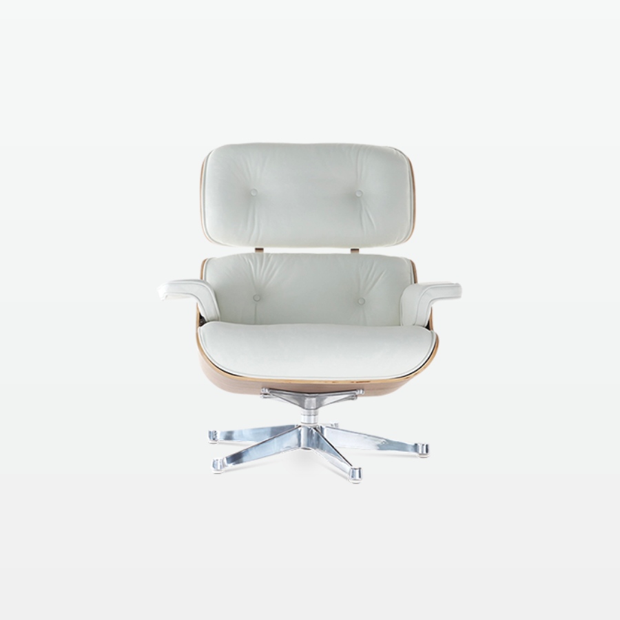Designer Leather Armchair in White Leather, Walnut Veneer & Chrome Base - front