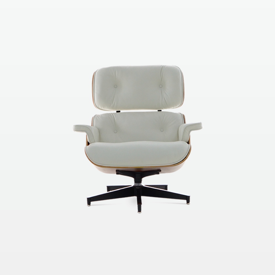 Designer Leather Armchair in White Leather & Walnut Veneer - front