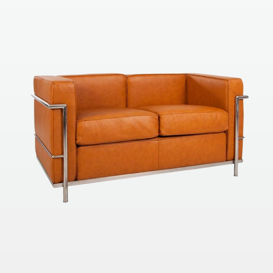 Emil Modern Cube Sofa - 2 Seater Brown Leather Sofa - front angle