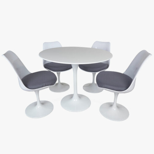Torvald Small Round Dining Table Set For 4 - White Gloss 90cm Table 4 Dining Chairs Grey Cushions