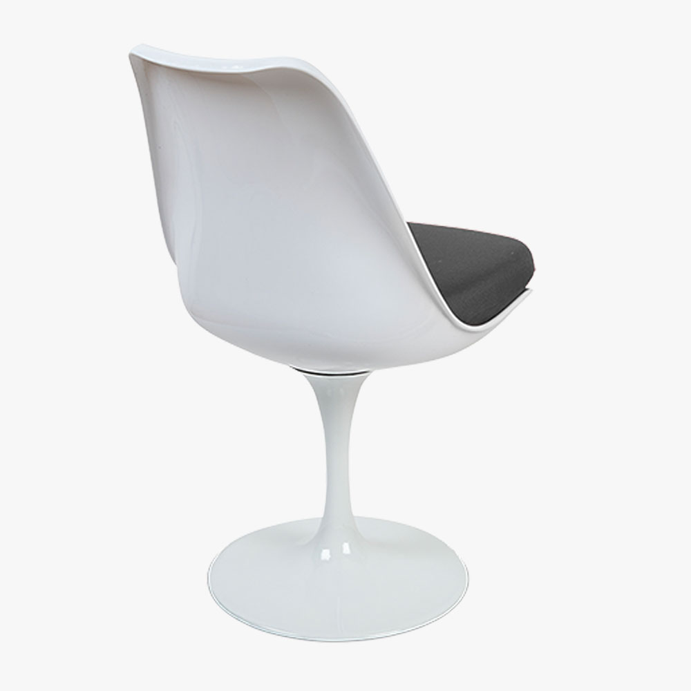 Back side view of a White Swivel Chair with a Black Cushion