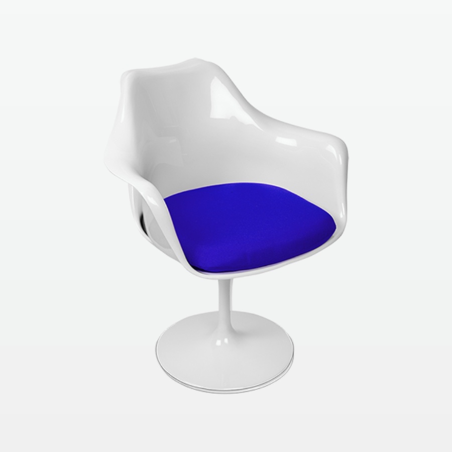 Torvald White Swivel Arm Chair with Blue Cushion - front angle