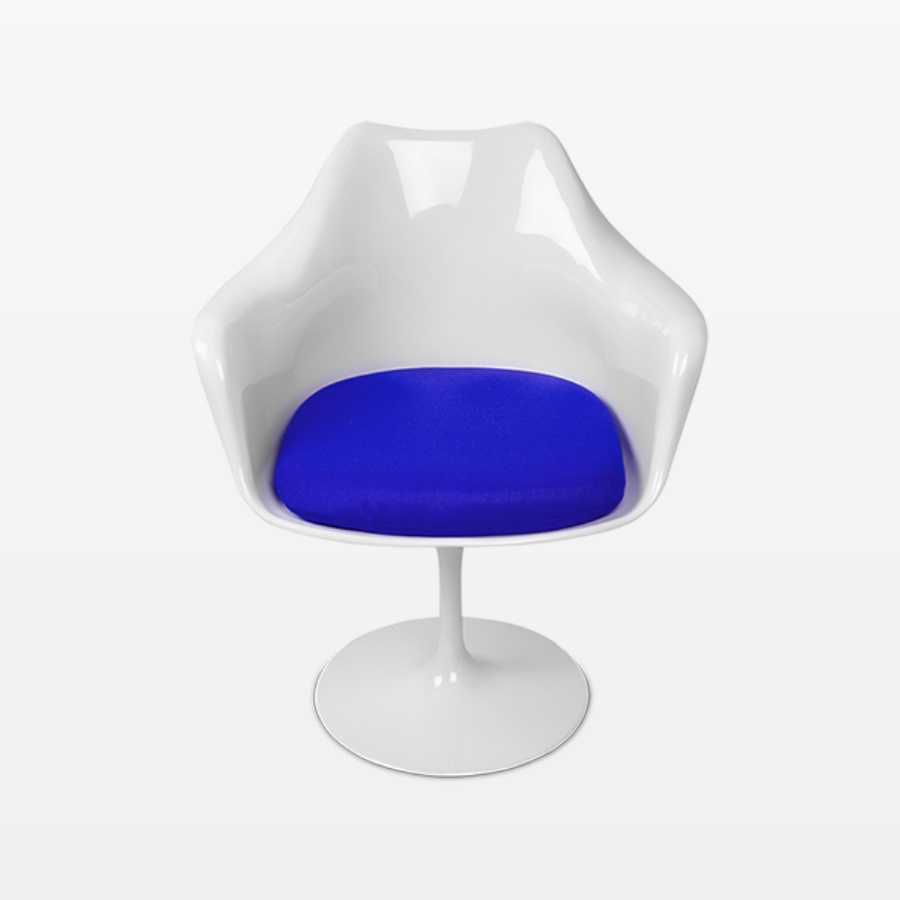 Torvald White Swivel Arm Chair with Blue Cushion - front