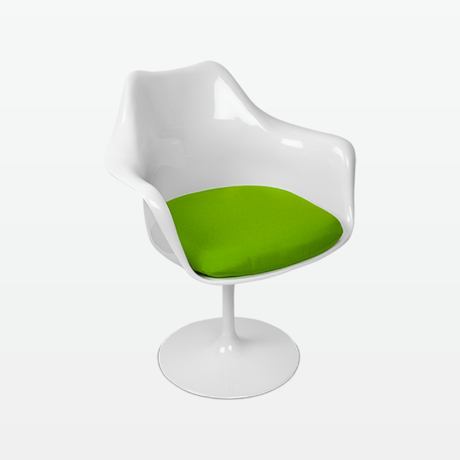 Torvald White Swivel Arm Chair with Green Cushion - front angle