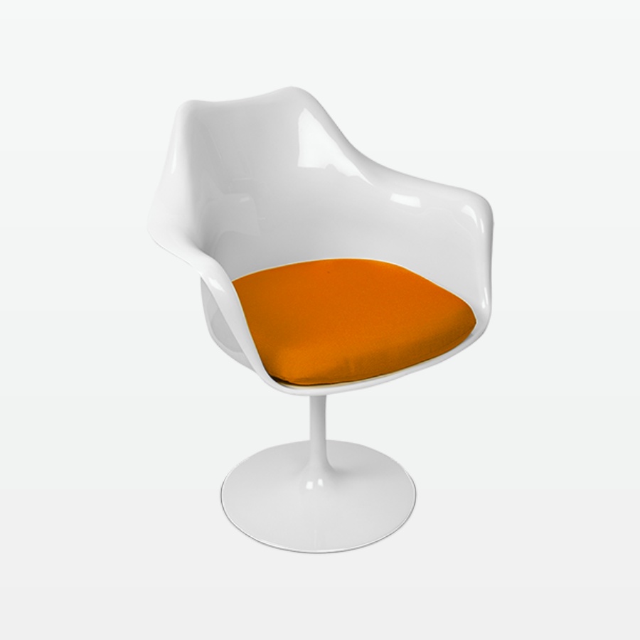 Torvald White Swivel Arm Chair with Orange Cushion - front angle