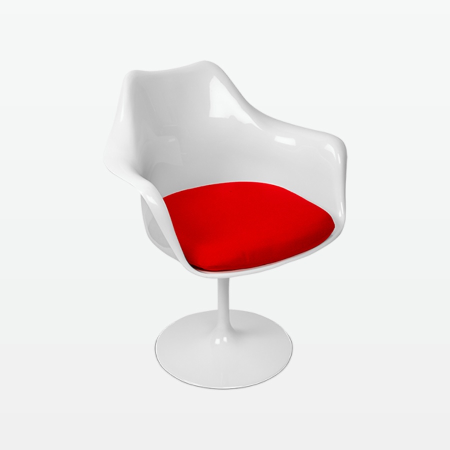 Torvald White Swivel Arm Chair with Red Cushion - front angle