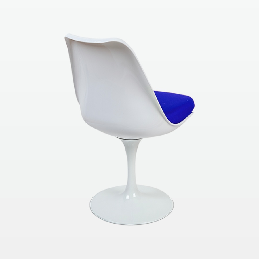 Torvald White Swivel Chair with Blue Cushion - back angle