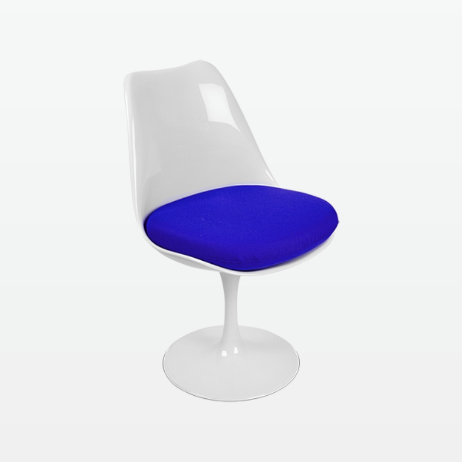 Torvald White Swivel Chair with Blue Cushion - front angle